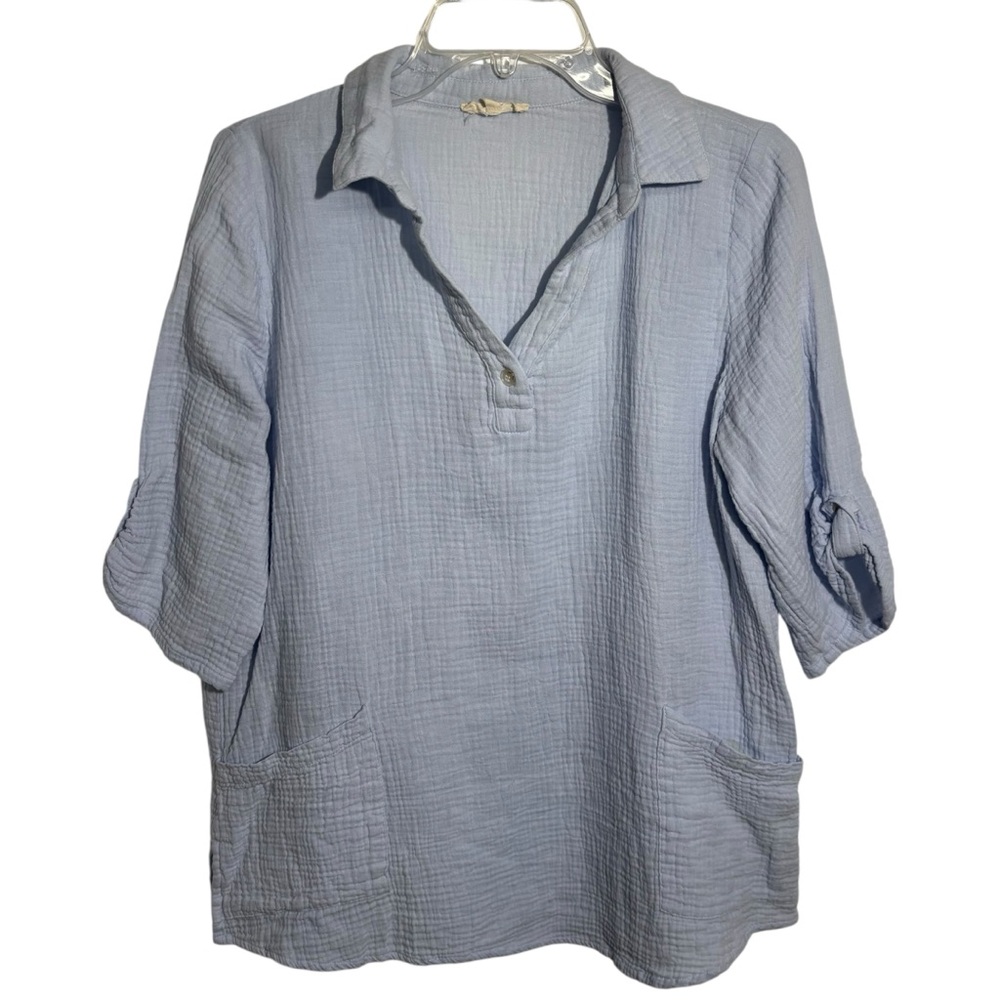 Cotton‎ Bleu Light Blue Gauze Tunic Top Medium 100% Cotton Roll Tab Sleeve